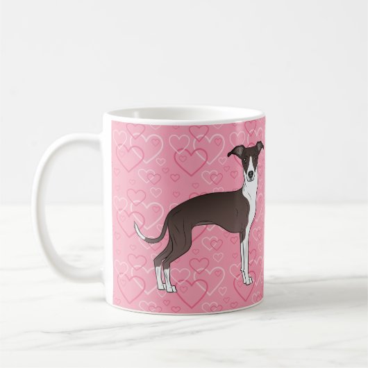 ピンク色のハートにシイタリアンールと白のグレイハウンド コーヒーマグカップ (左)