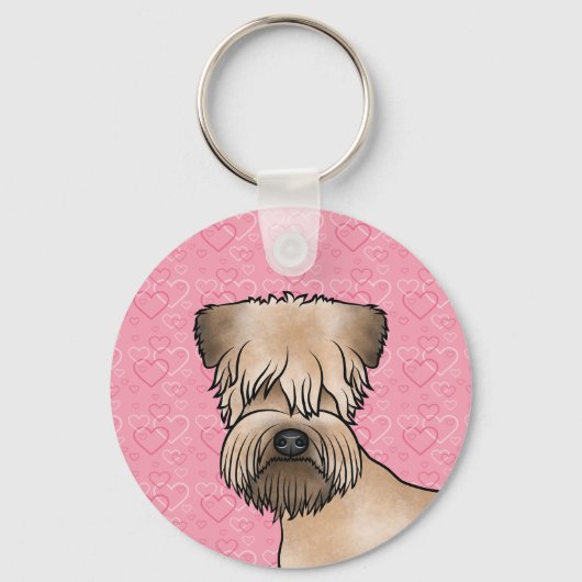 ピンク色のハートにソフトコートのホイアテンテリアの頭 キーホルダー (正面)