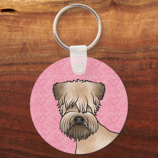 ピンク色のハートにソフトコートのホイアテンテリアの頭 キーホルダー (正面)
