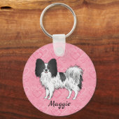 ピンク色のハートに白黒パピヨンかわいい犬 キーホルダー (正面)