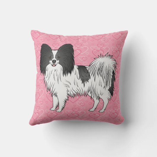 ピンク色のハートに白黒パピヨンかわいい犬 クッション (裏面)