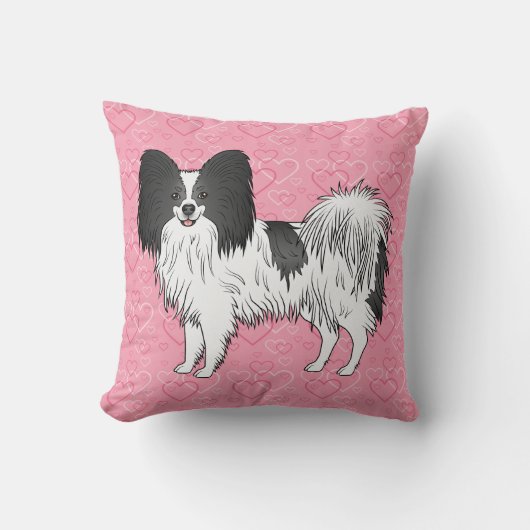 ピンク色のハートに白黒パピヨンかわいい犬 クッション (正面)