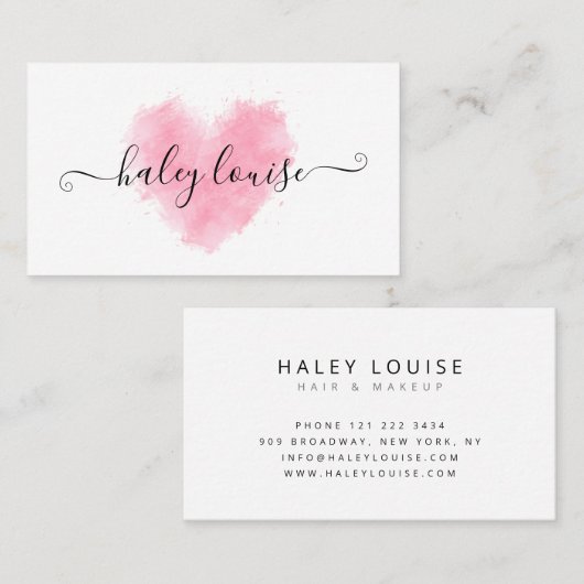 ピンク色のハートブラシストローク（署名付き） 名刺 (正面/裏面)