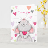 ピンク色のハート付き可愛いねずみ カード (黄色い花)