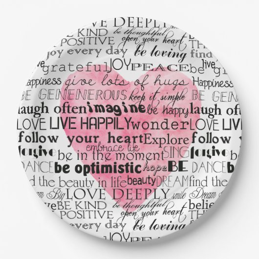 ピンク色のハート感動的語 ペーパープレート (正面)