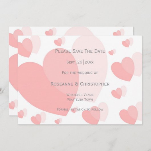 ピンク色のハート結婚デザイン セーブザデート (正面/裏面)