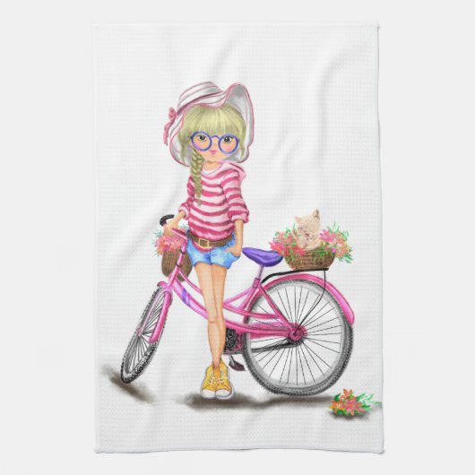 ピンク色のバイクキッチンタオル付き女の子 キッチンタオル (縦)