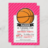 ピンク色のバスケストライプットストライプの、 招待状 (正面/裏面)