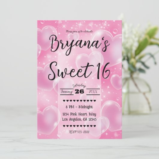 ピンク色のバブルハートガーリーキュート90の誕生日パーティー 招待状 (スタンド正面)