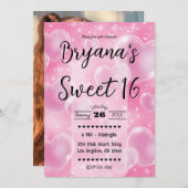 ピンク色のバブルハートガーリーキュート90の誕生日パーティー 招待状 (正面/裏面)