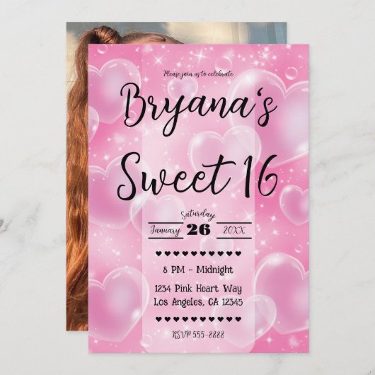 ピンク色のバブルハートガーリーキュート90の誕生日パーティー 招待状 (正面/裏面)