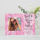 ピンク色のバブルハートガーリーキュート90の誕生日パーティー 招待状 (スタンド正面)