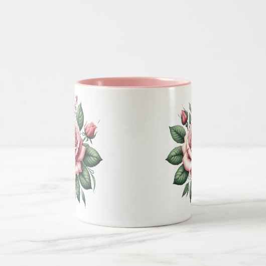 ピンク色のバラとピンクのアクセントのマグカップ ツートーンマグカップ (中央)