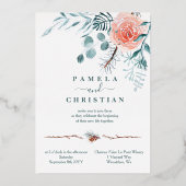 ピンク色のバラと薄緑の冬離れの結婚 箔招待状 (正面)