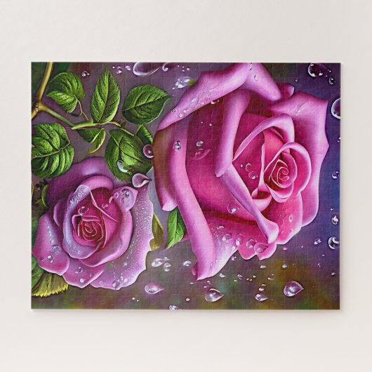 ピンク色のバラと雨粒と緑葉の ジグソーパズル (横)