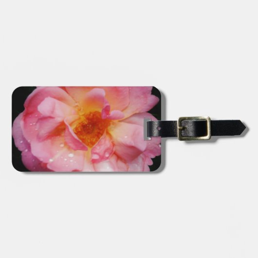 ピンク色のバラと露が黒い背景 ラゲッジタグ (正面横)