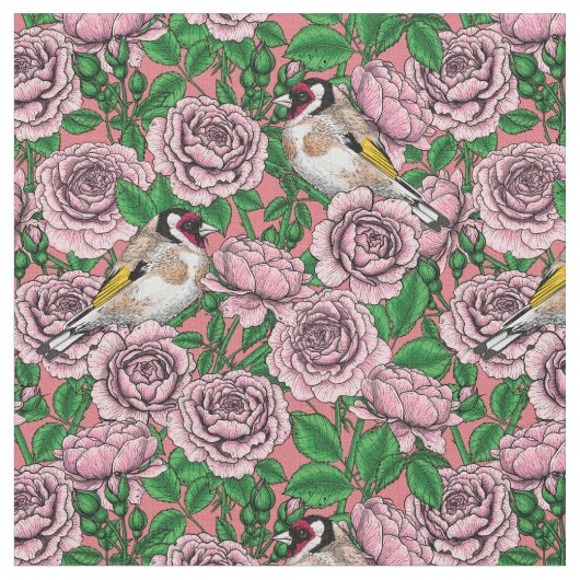 ピンク色のバラの花と金魚の鳥 ファブリック (クローズアップ)