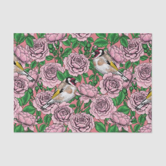 ピンク色のバラの花と金魚の鳥 薄葉紙 (正面)