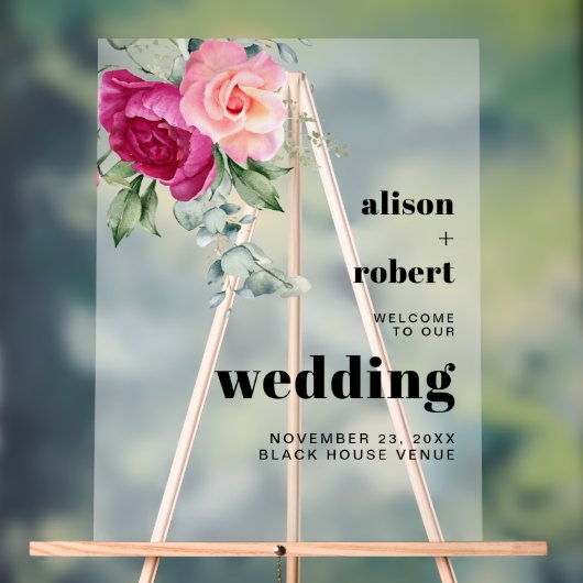 ピンク色のバラを持つ枝のWELCOME結婚's アクリルサイン (ニュートラル)