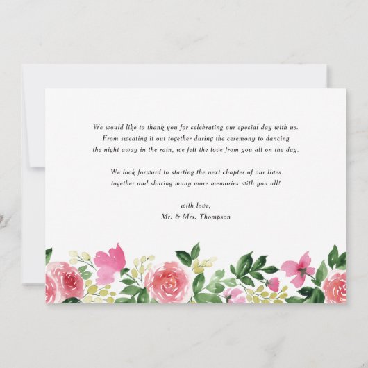 ピンク色のバラフローラ結婚フレーム サンキューカード (裏面)