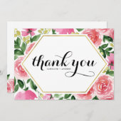ピンク色のバラフローラ結婚フレーム サンキューカード (正面/裏面)