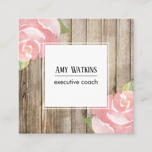 ピンク色のバラ、木素朴、ソーシャルアイコン スクエア名刺 (正面)