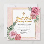 ピンク色のバラ |金ゴールドフローラフレーム最初の聖餐式 招待状 (正面)