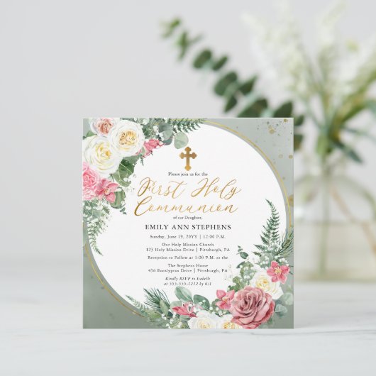 ピンク色のバラ |金ゴールドフローラフレーム最初の聖餐式 招待状 (スタンド正面)