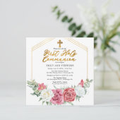 ピンク色のバラ |金ゴールドフローラフレーム最初の聖餐式 招待状 (スタンド正面)