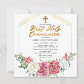 ピンク色のバラ |金ゴールドフローラフレーム最初の聖餐式 招待状 (正面)