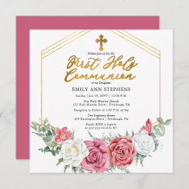ピンク色のバラ |金ゴールドフローラフレーム最初の聖餐式 招待状