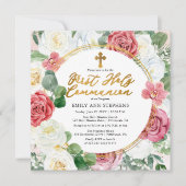 ピンク色のバラ |金ゴールドフローラフレーム最初の聖餐式 招待状 (正面)