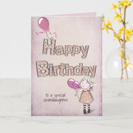 ピンク色のバルーンを持つ孫娘の誕生日 カード (黄色い花)