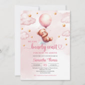 ピンク色のバルーンガールシャワー付きミニマリストのテディ 招待状 (正面)