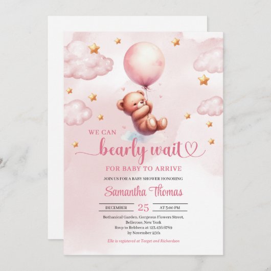 ピンク色のバルーンガールシャワー付きミニマリストのテディ 招待状 (正面/裏面)