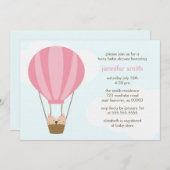 ピンク色のバルーンベビーシャワーを楽しむ双子の赤ちゃん 招待状 (正面/裏面)