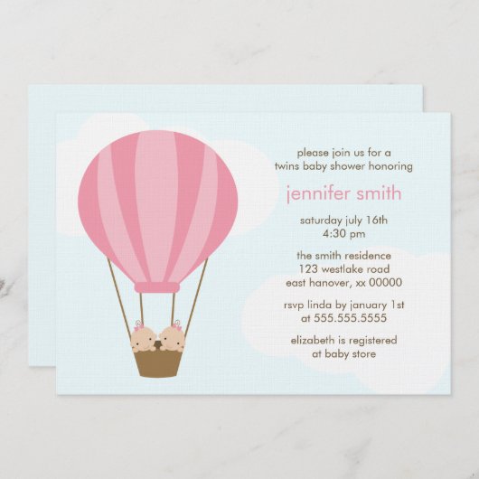 ピンク色のバルーンベビーシャワーを楽しむ双子の赤ちゃん 招待状 (正面/裏面)