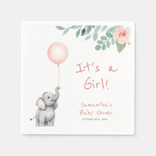 ピンク色のバルーン付き可愛いゾウ赤ちゃんシャワー スタンダードカクテルナプキン (正面)