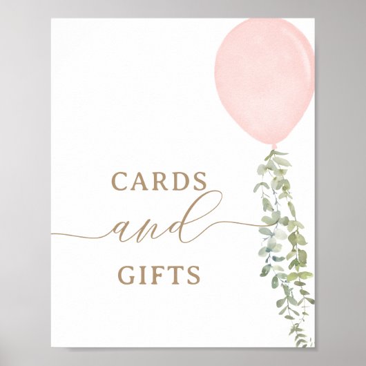 ピンク色のバルーン誕生日カードとギフトサイン ポスター (正面)