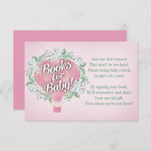 ピンク色のバルーン赤ちゃんシャワーブックカードで本を持ち込む 招待状 (正面/裏面)