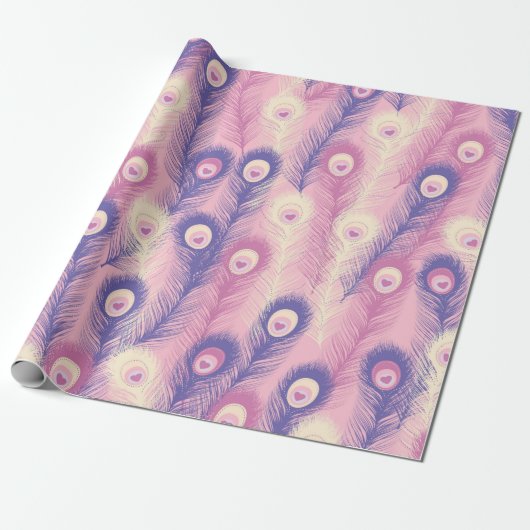 ピンク色のバレンタインピーコックフェザーシームレスパターン ラッピングペーパー (アンロールド)