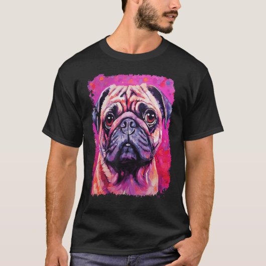 ピンク色のパグ Tシャツ (正面)
