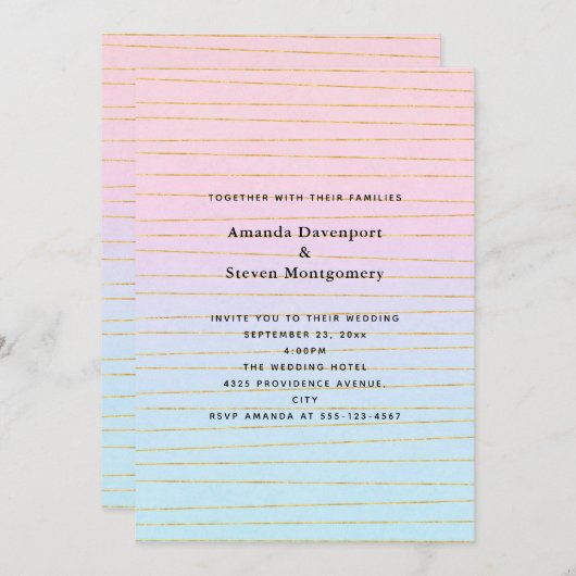 ピンク色のパステルグラデーション(金ゴールド線結婚付き) 招待状 (正面/裏面)