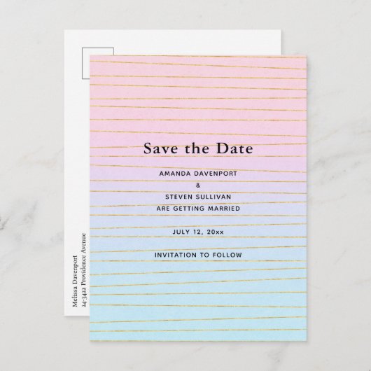 ピンク色のパステルグラデーション(金ゴールド線結婚付き) 案内ポストカード (正面/裏面)