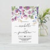 ピンク色のパープルのミント金ゴールド野生結婚の花 招待状 (スタンド正面)