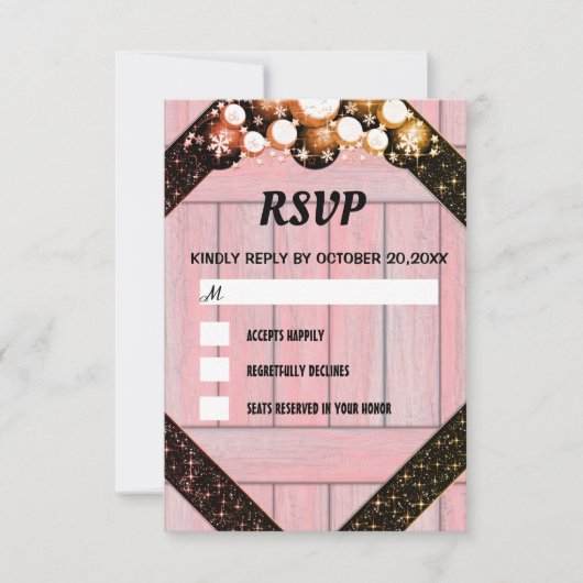 ピンク色のピンクの木の紫のグリッター明るい電球ライト 出欠カード (正面)