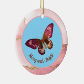 ピンク色のピーチバタフライメリーオンブルースカイ セラミックオーナメント (右)