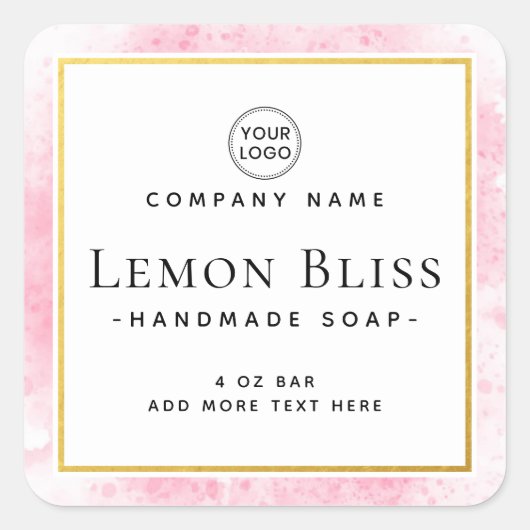 ピンク色のフェイク金ゴールド縁ど製品ラベル スクエアシール (正面)