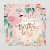 ピンク色のフラミンゴ鳥の熱帯の誕生日パーティー 招待状 (正面/裏面)