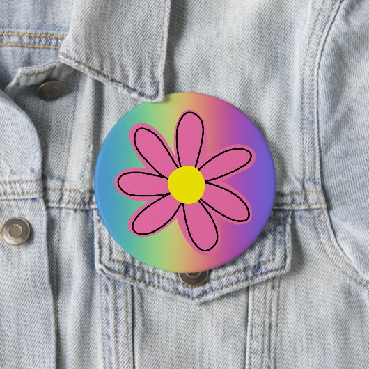 ピンク色のフラワーボタン付き虹 缶バッジ (インサイチュ)